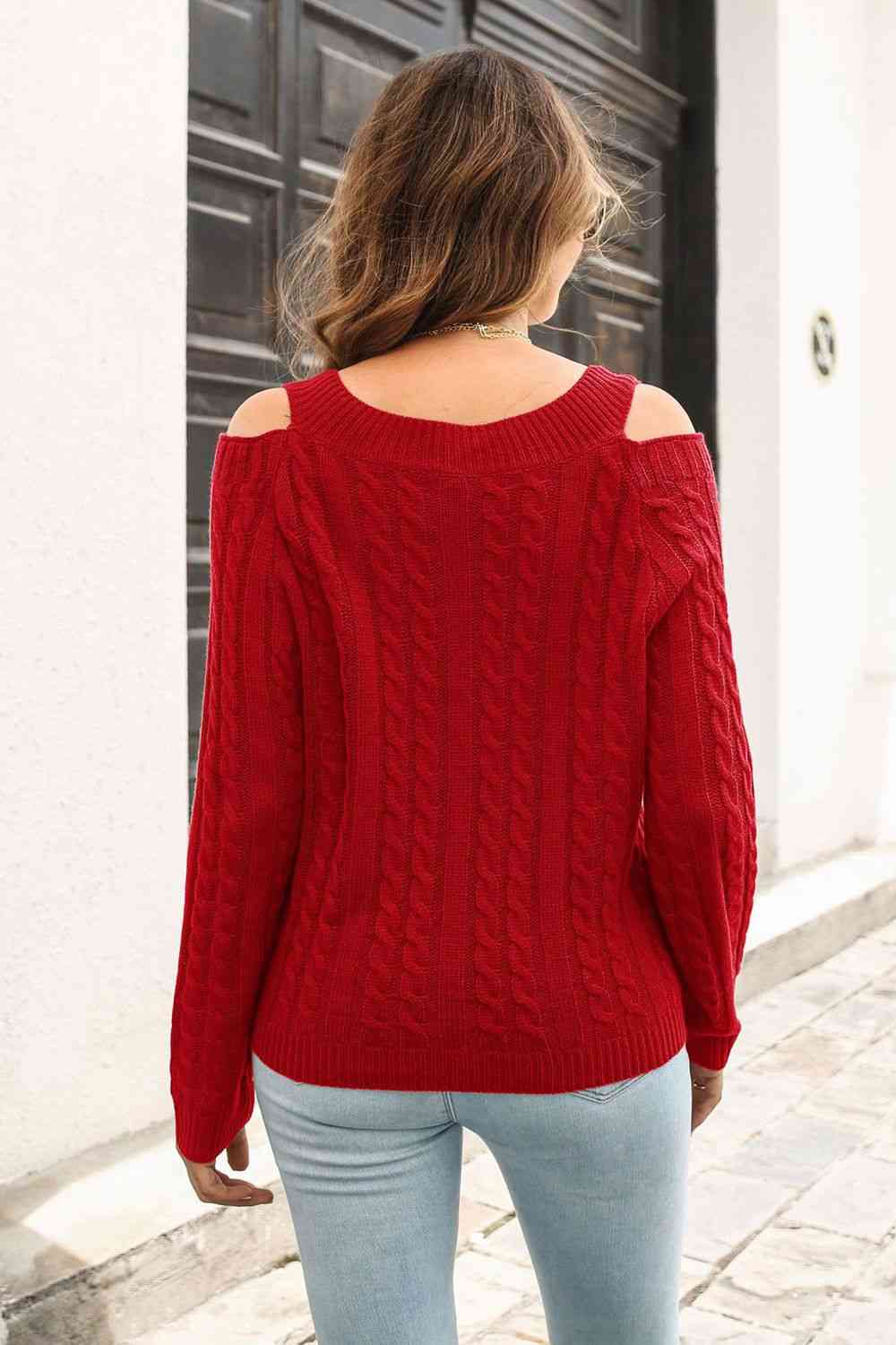 Cold Shoulder V-Neck Cable-Knit Pullover Sweater - Deals DejaVu