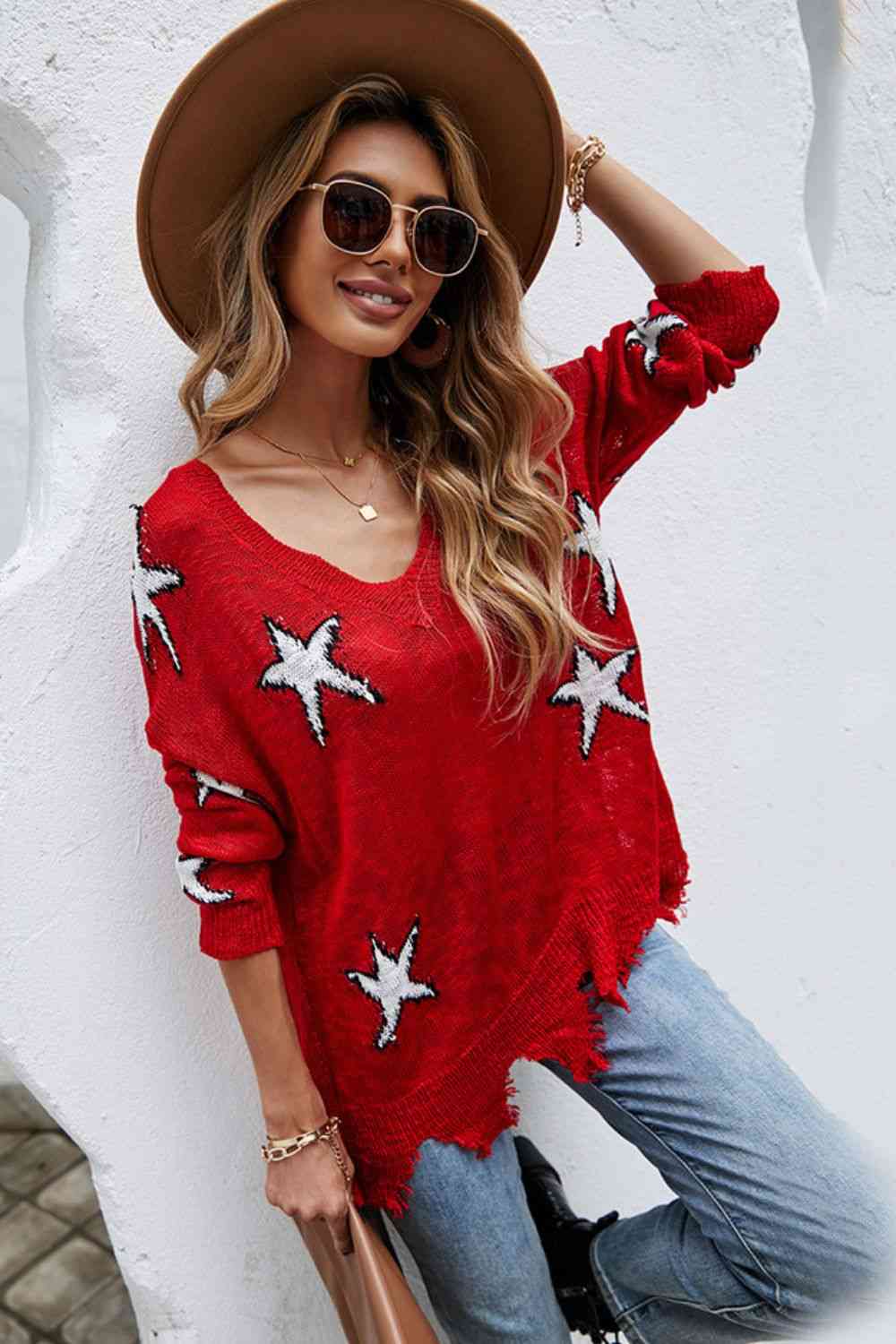 Star Pattern Distressed Sweater - Deals DejaVu