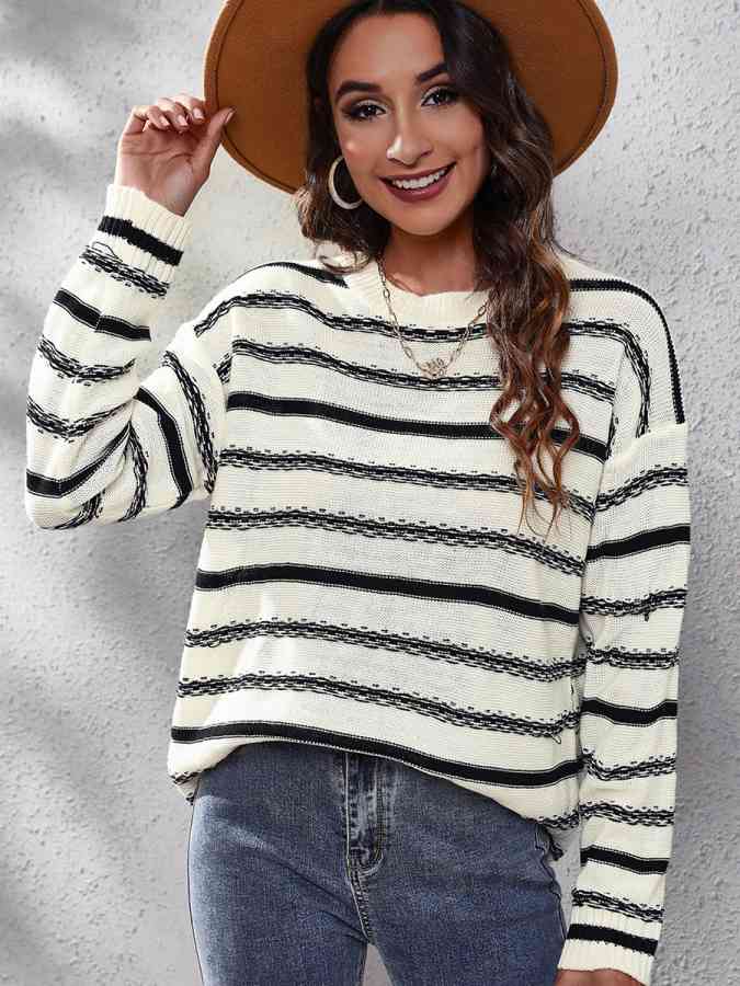 Striped Round Neck Dropped Shoulder Sweater - Deals DejaVu