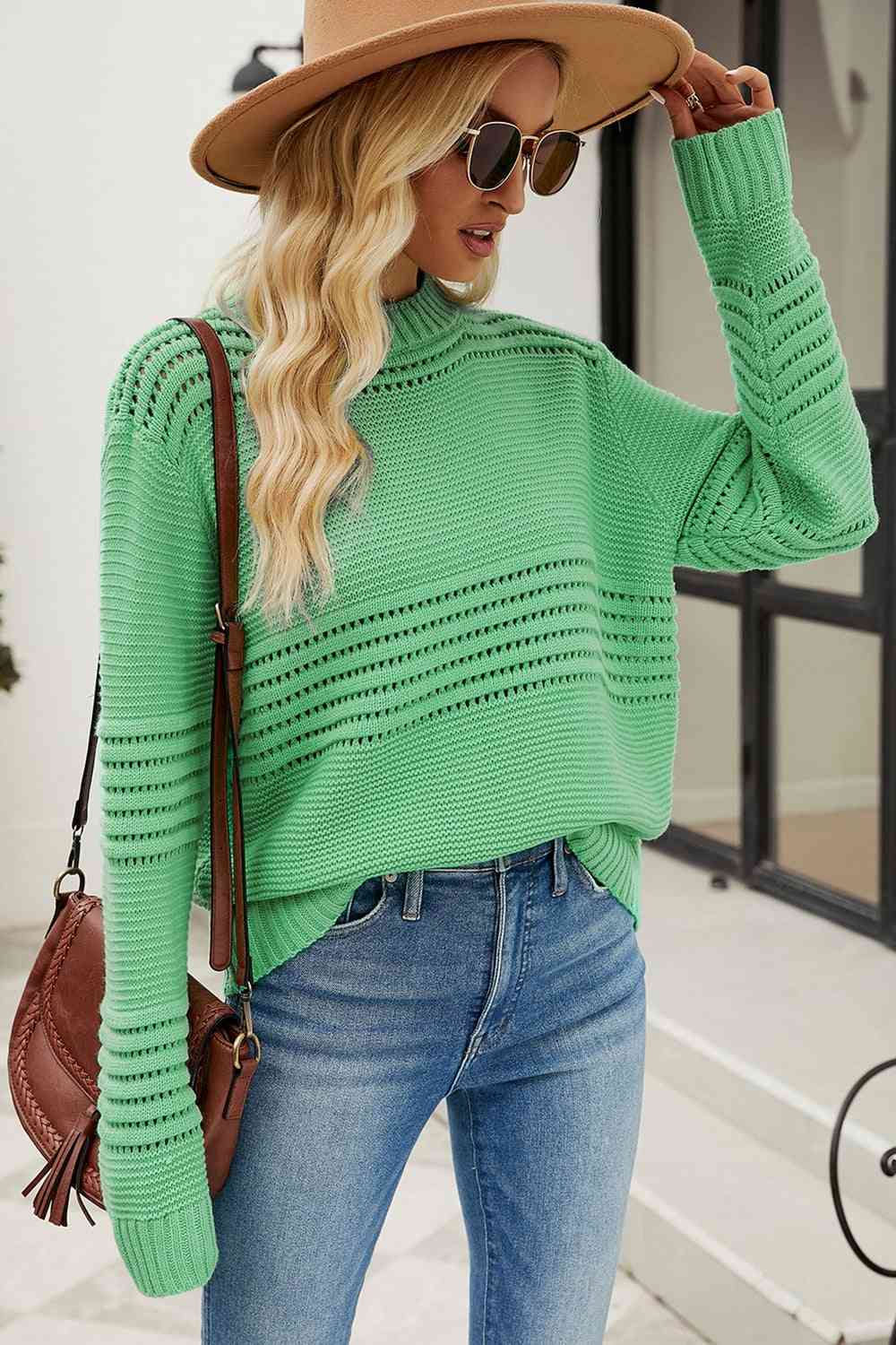 Round Neck Openwork Long Sleeve Pullover Sweater - Deals DejaVu