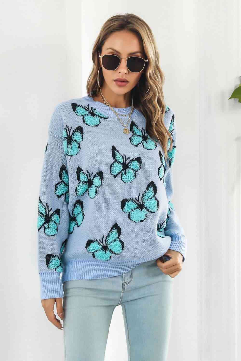 Butterfly Pattern Round Neck Dropped Shoulder Sweater - Deals DejaVu