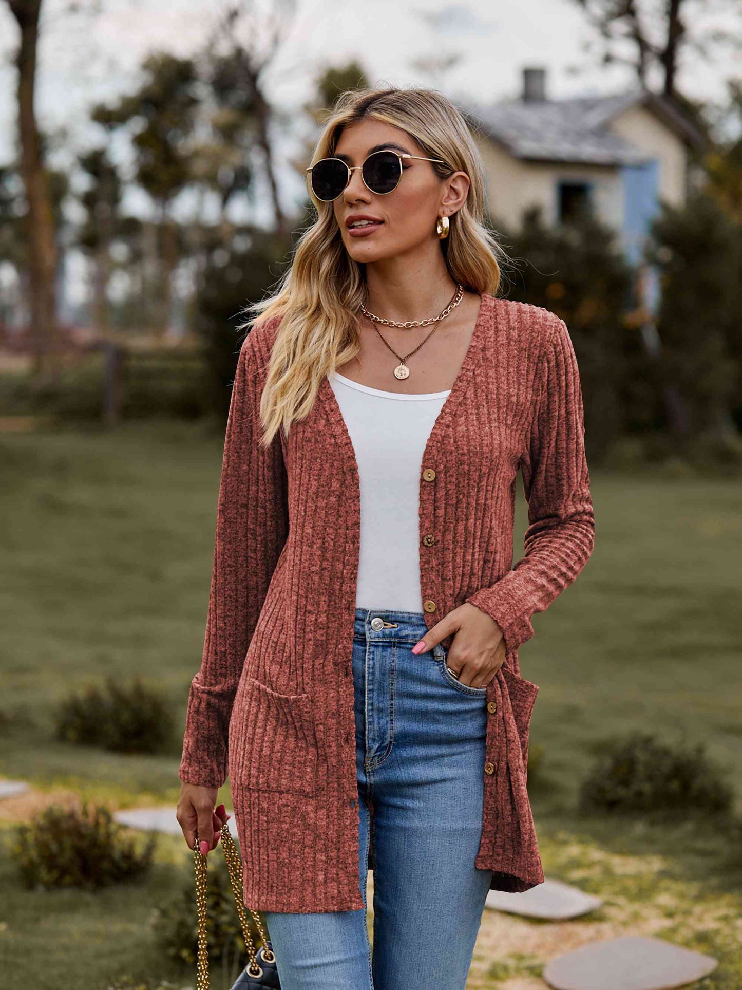 Ribbed Button-Up Cardigan with Pockets (BFD) T - Deals DejaVu