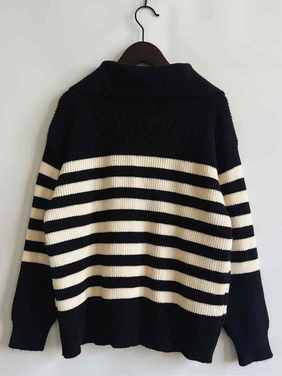 Striped Half Zip Collared Sweater - Deals DejaVu