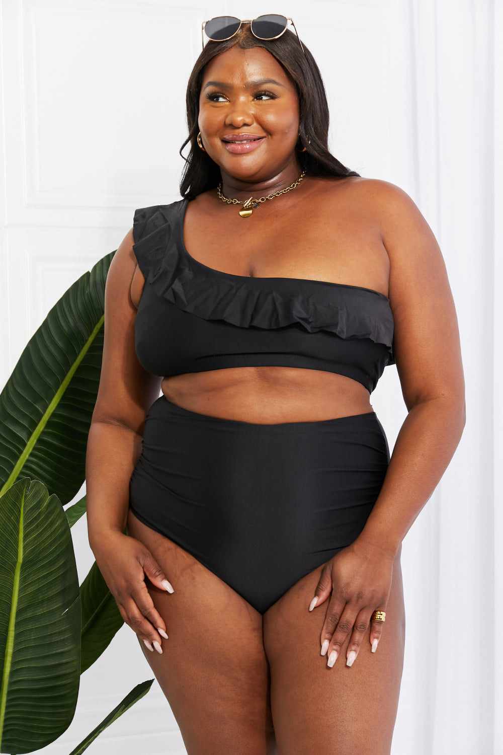 Marina West Swim Seaside Romance Ruffle One-Shoulder Bikini in Black (TB9D) T - Deals DejaVu