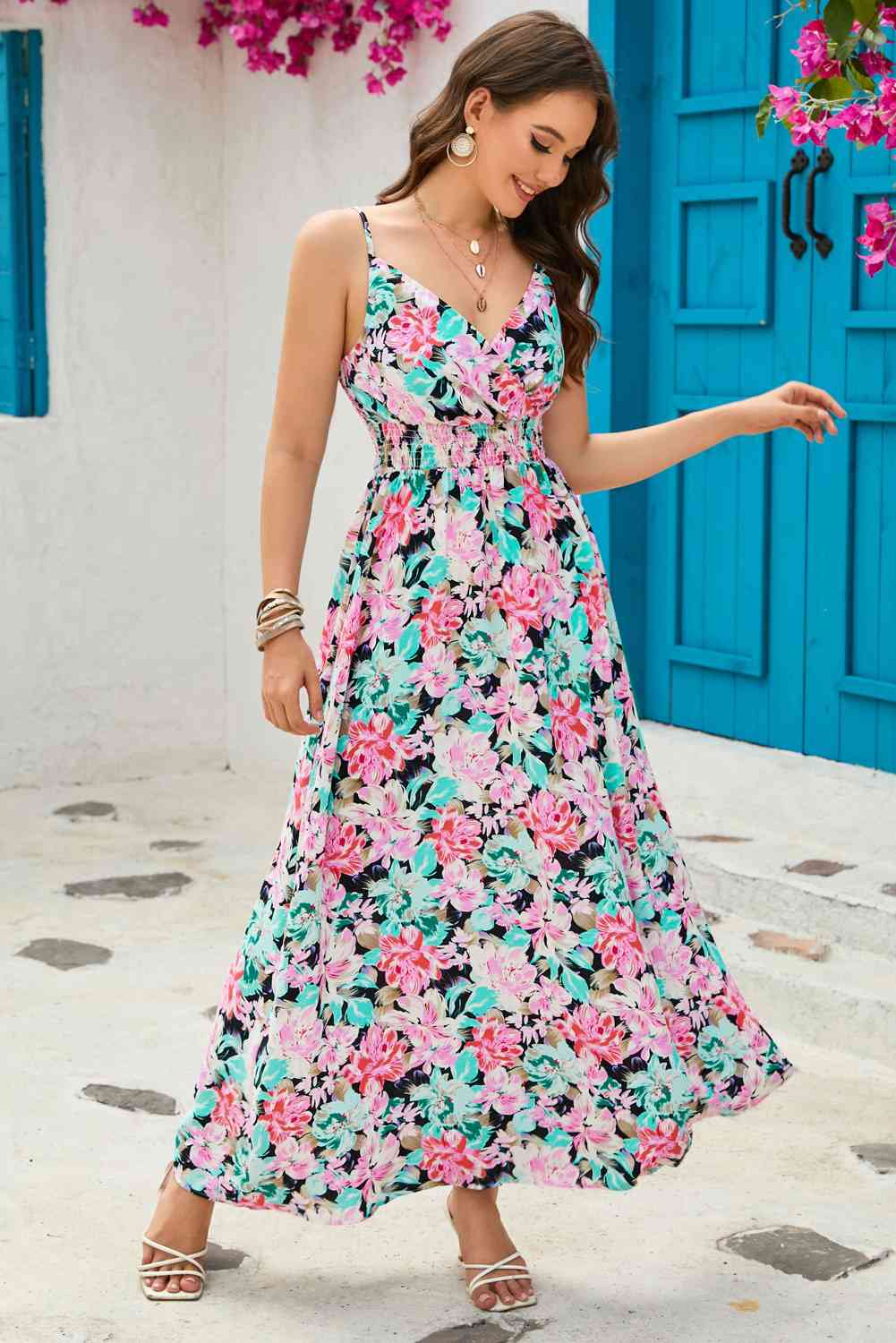 Floral Spaghetti Strap Surplice Neck Maxi Dress (BWMT) T - Deals DejaVu