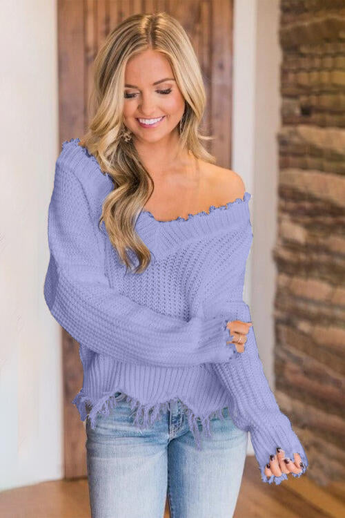 Frayed Hem Dropped Shoulder Sweater - Deals DejaVu