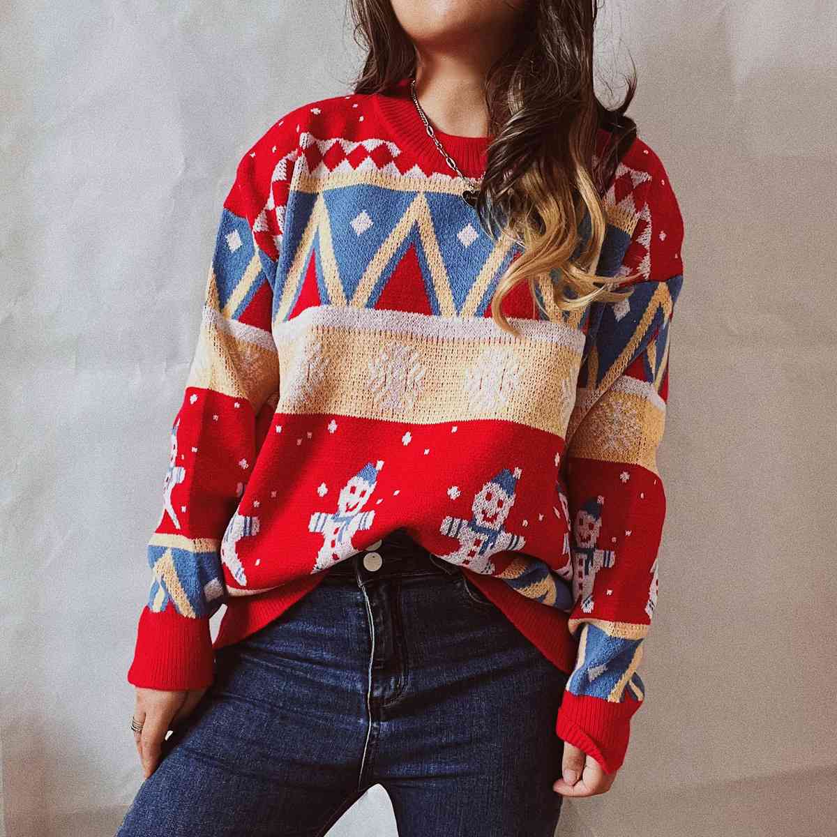 Printed Round Neck Long Sleeve Sweater - Deals DejaVu