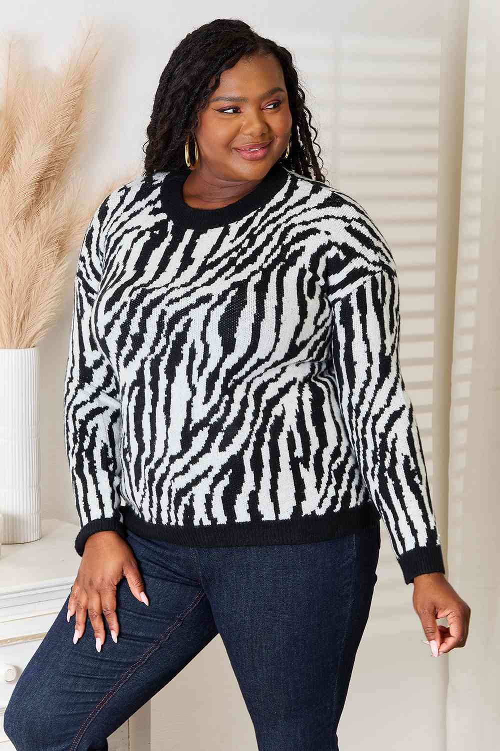 Heimish Full Size Zebra Print Sweater - Deals DejaVu