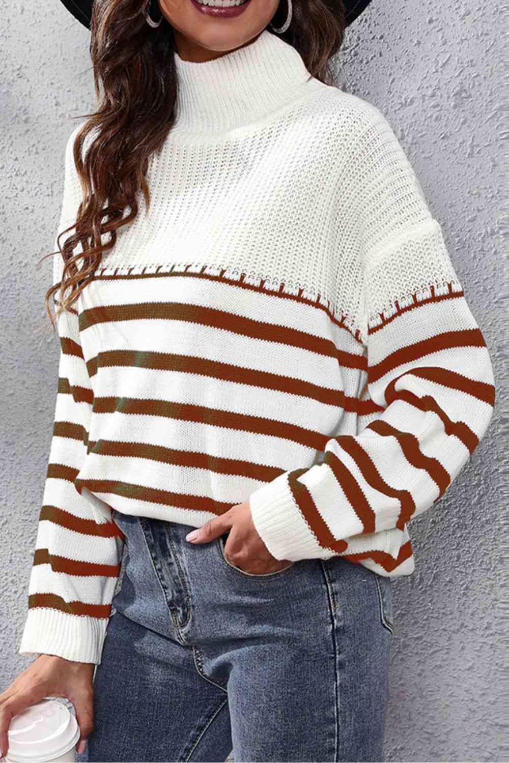 Striped Turtleneck Drop Shoulder Sweater - Deals DejaVu