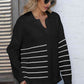 Ribbed Notched Neck Striped Long Sleeve Sweater - Deals DejaVu