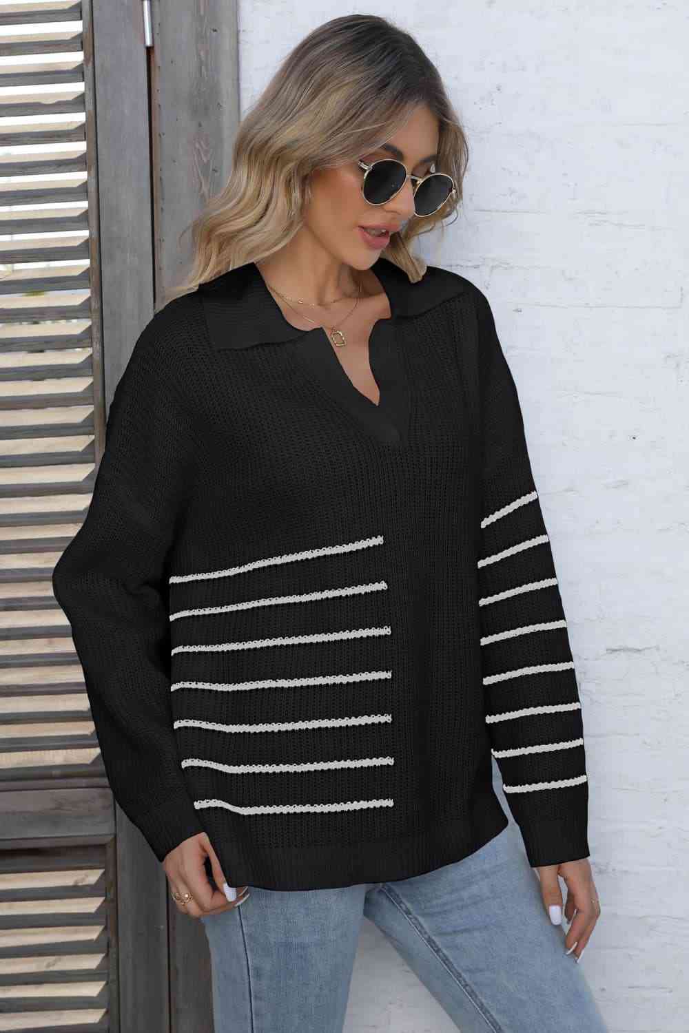 Ribbed Notched Neck Striped Long Sleeve Sweater - Deals DejaVu