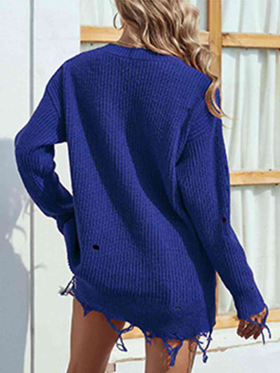 Distressed V-Neck Drop Shoulder Sweater - Deals DejaVu