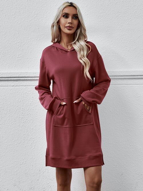 Slit Long Sleeve Hooded Dress with Pocket (MWBT) T - Deals DejaVu