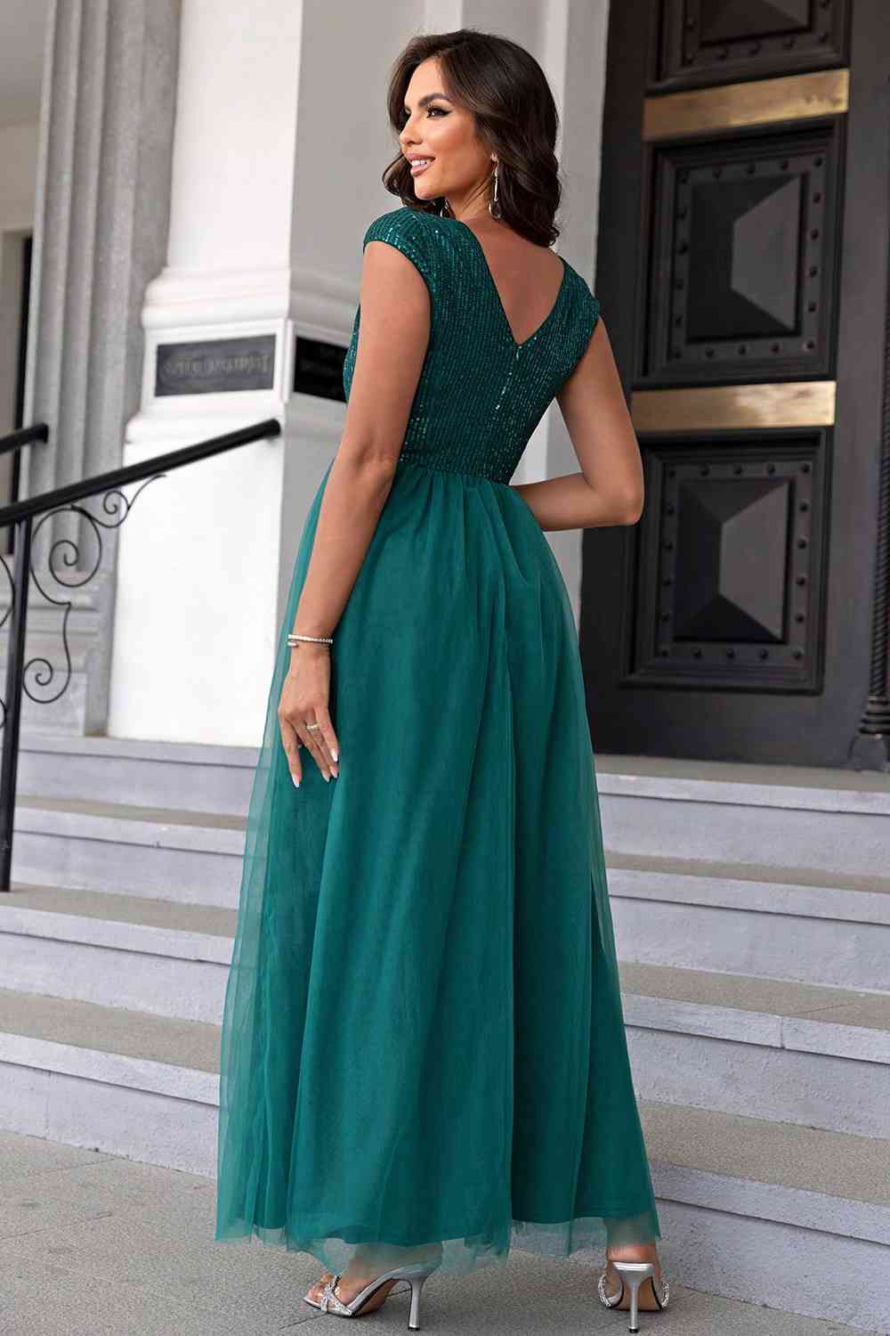 Sequin V-Neck Mesh Maxi Dress (BWM) T - Deals DejaVu
