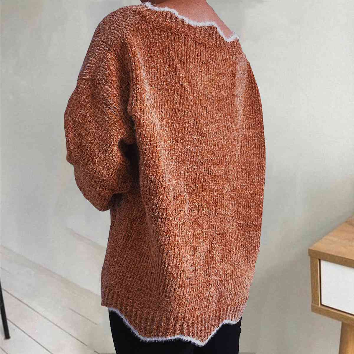 V-Neck Drop Shoulder Long Sleeve Sweater - Deals DejaVu