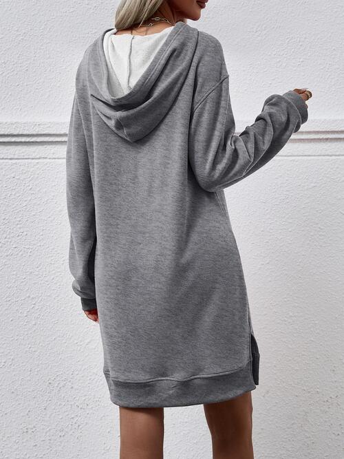 Slit Long Sleeve Hooded Dress with Pocket (MWBT) T - Deals DejaVu