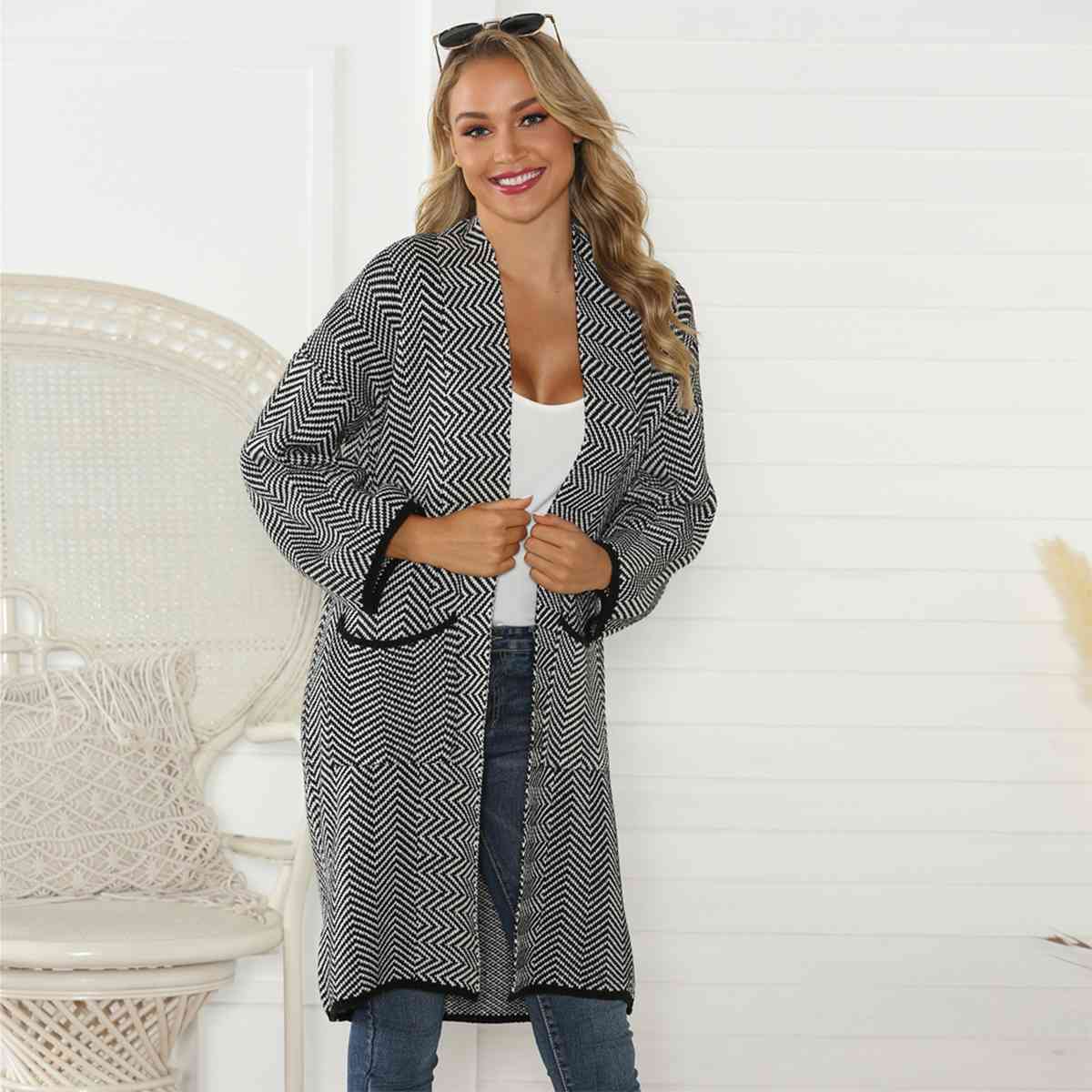 Geometric Open Front Cardigan with Pockets