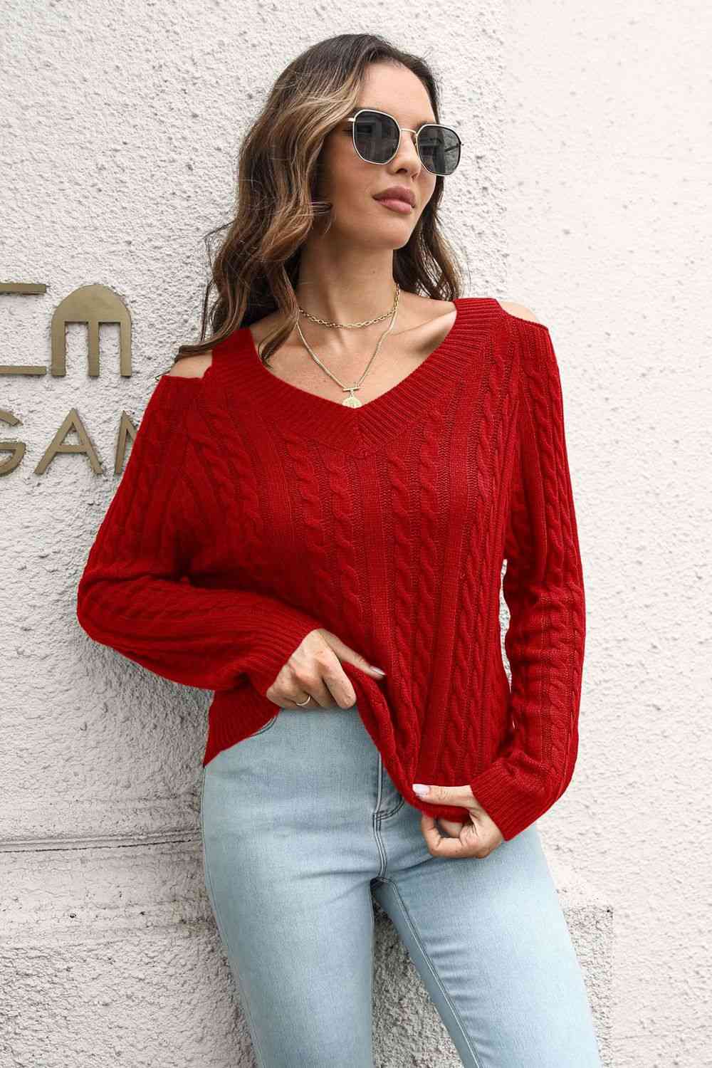 Cold Shoulder V-Neck Cable-Knit Pullover Sweater - Deals DejaVu