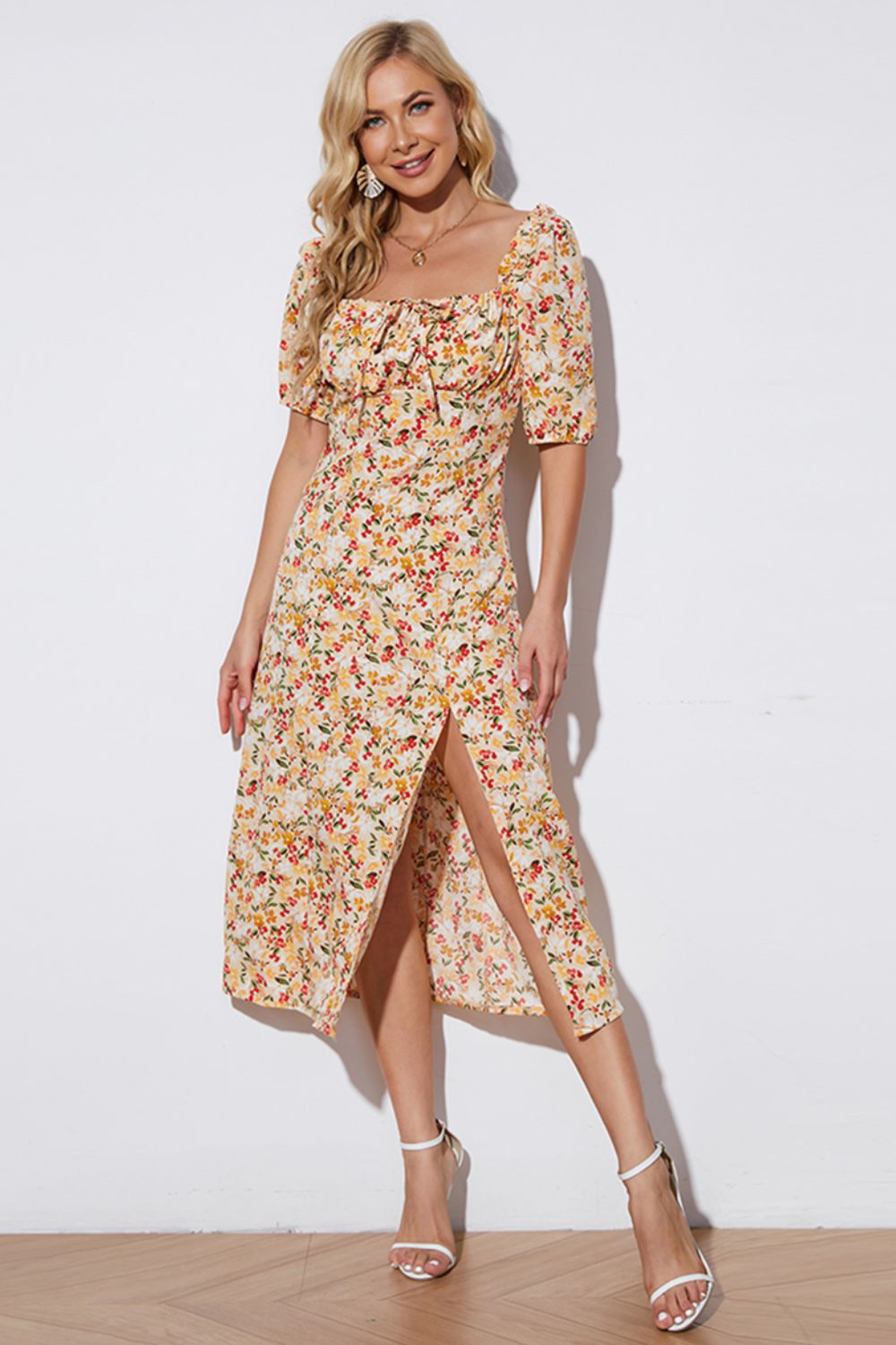 Floral Tied Square Neck Split Dress (BWD)(WS06)T - Deals DejaVu