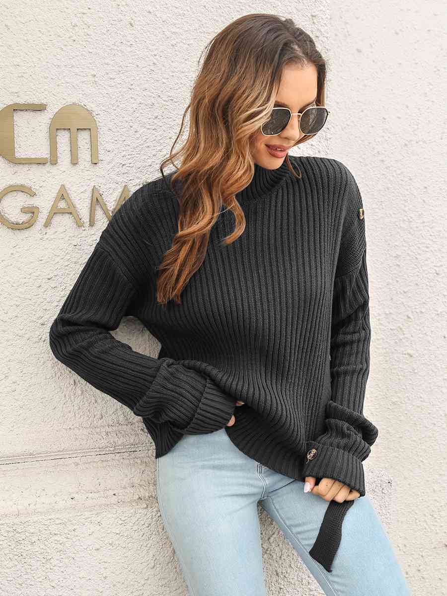 Decorative Button Slit Sweater - Deals DejaVu