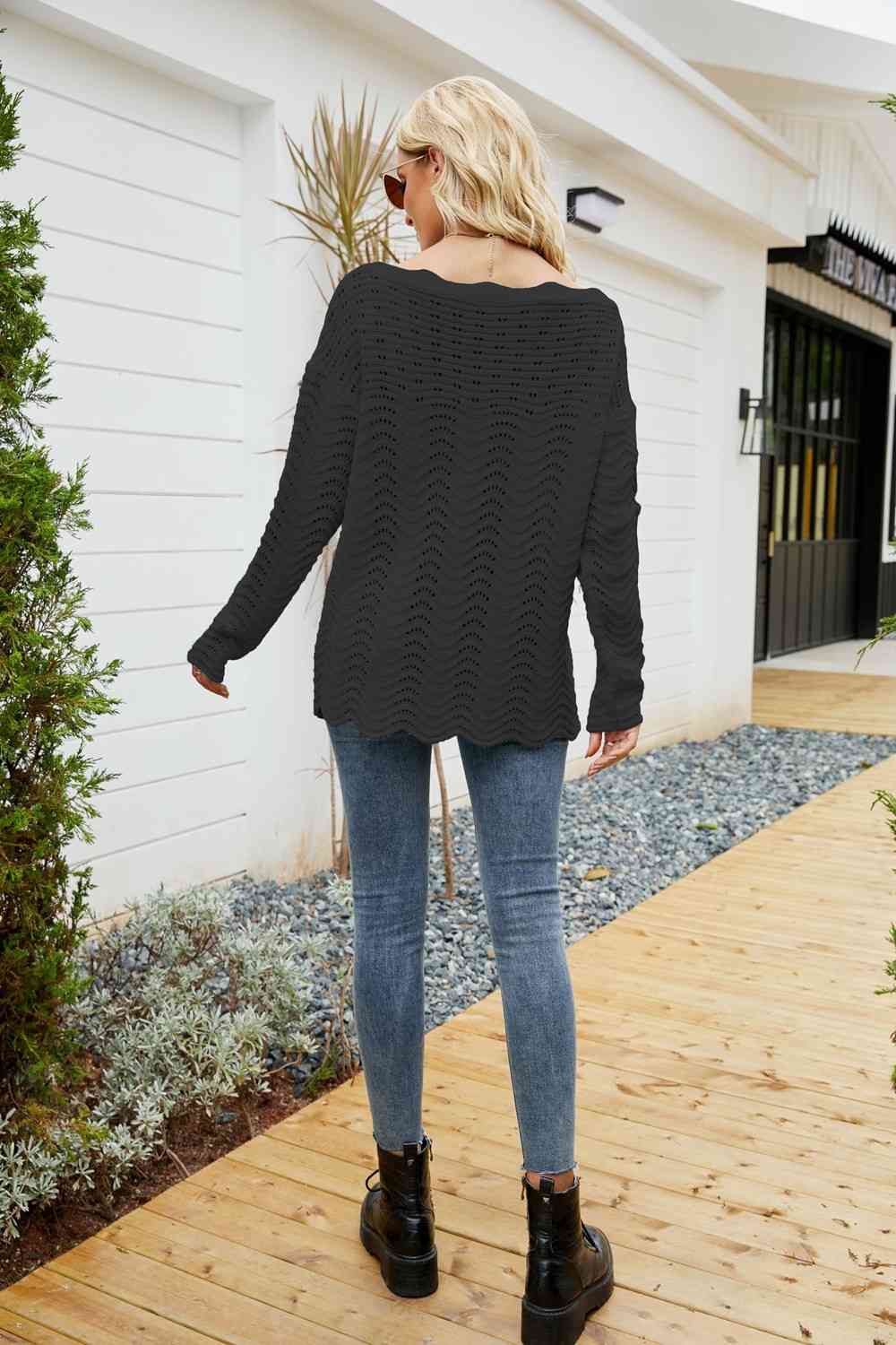 Woven Right Scalloped Boat Neck Openwork Tunic Sweater - Deals DejaVu