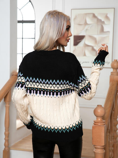 Round Neck Cable-Knit Sweater - Deals DejaVu