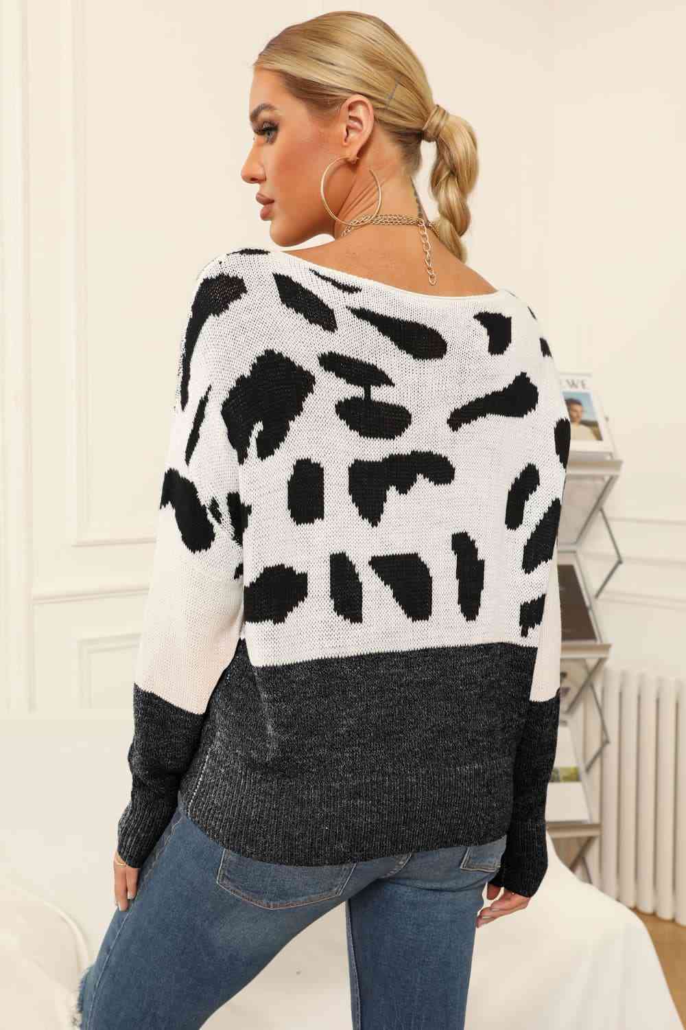 Full Size Two-Tone Boat Neck Sweater - Deals DejaVu