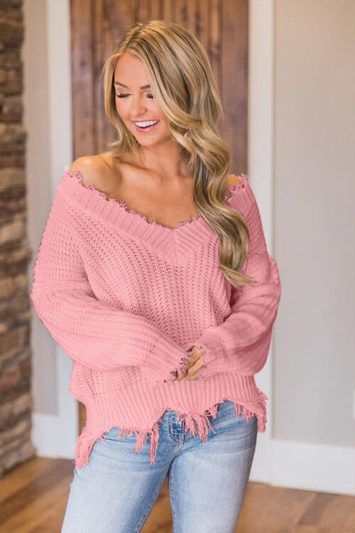 Frayed Hem Dropped Shoulder Sweater - Deals DejaVu