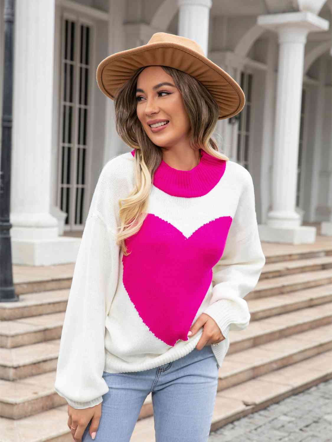 Heart Graphic Round Neck Sweater - Deals DejaVu