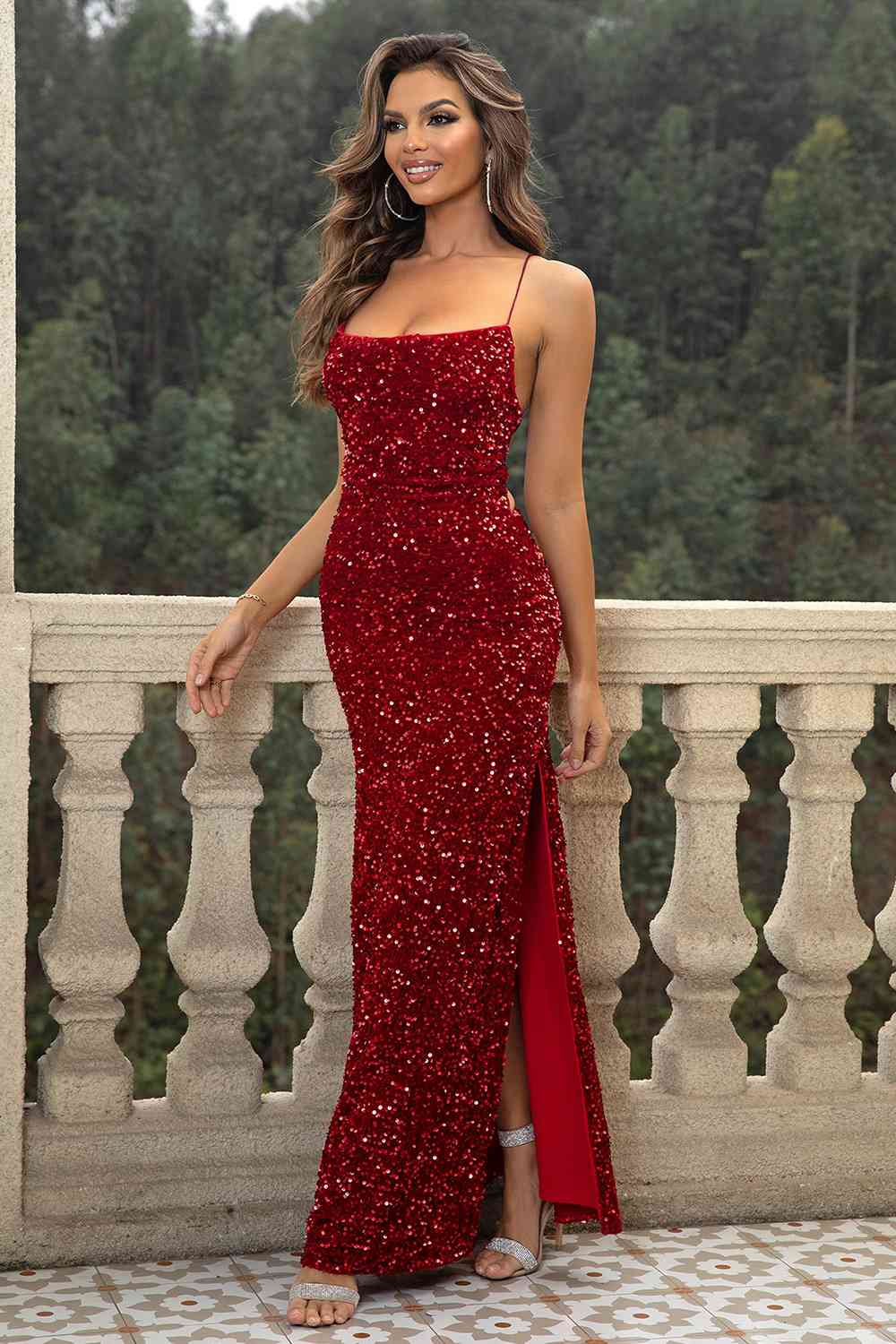 Sequin Backless Split Maxi Dress (BWM) T - Deals DejaVu