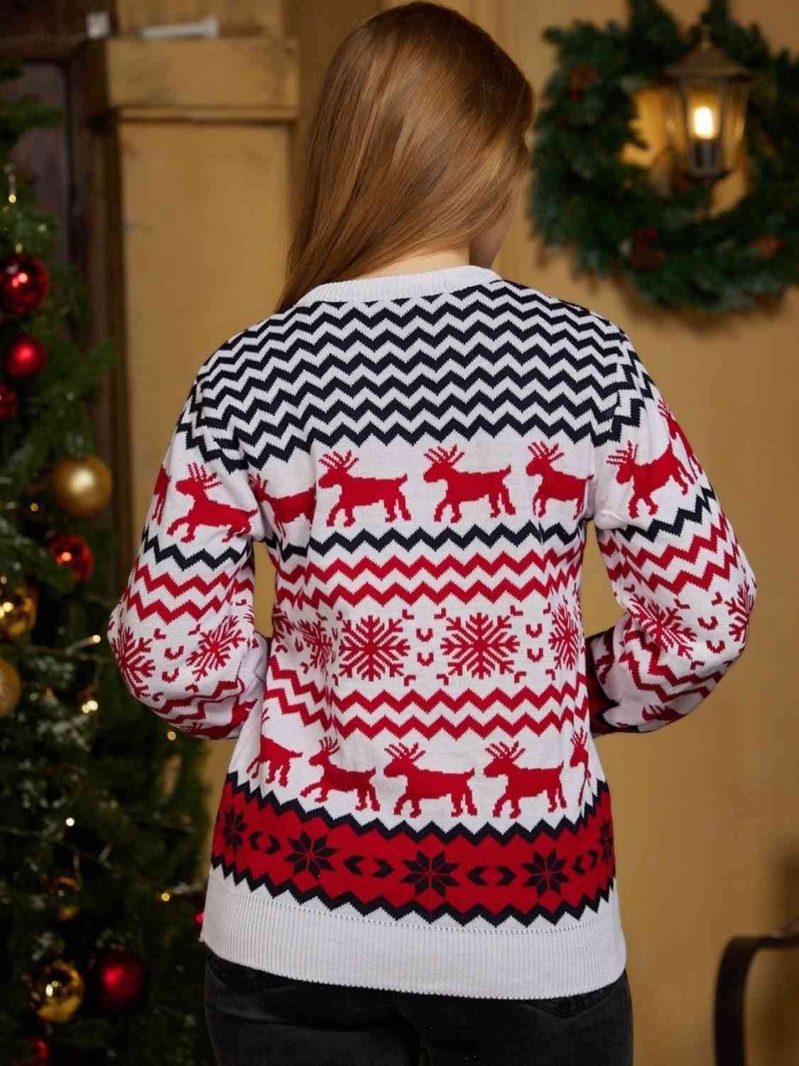 Reindeer & Snowflake Round Neck Sweater - Deals DejaVu