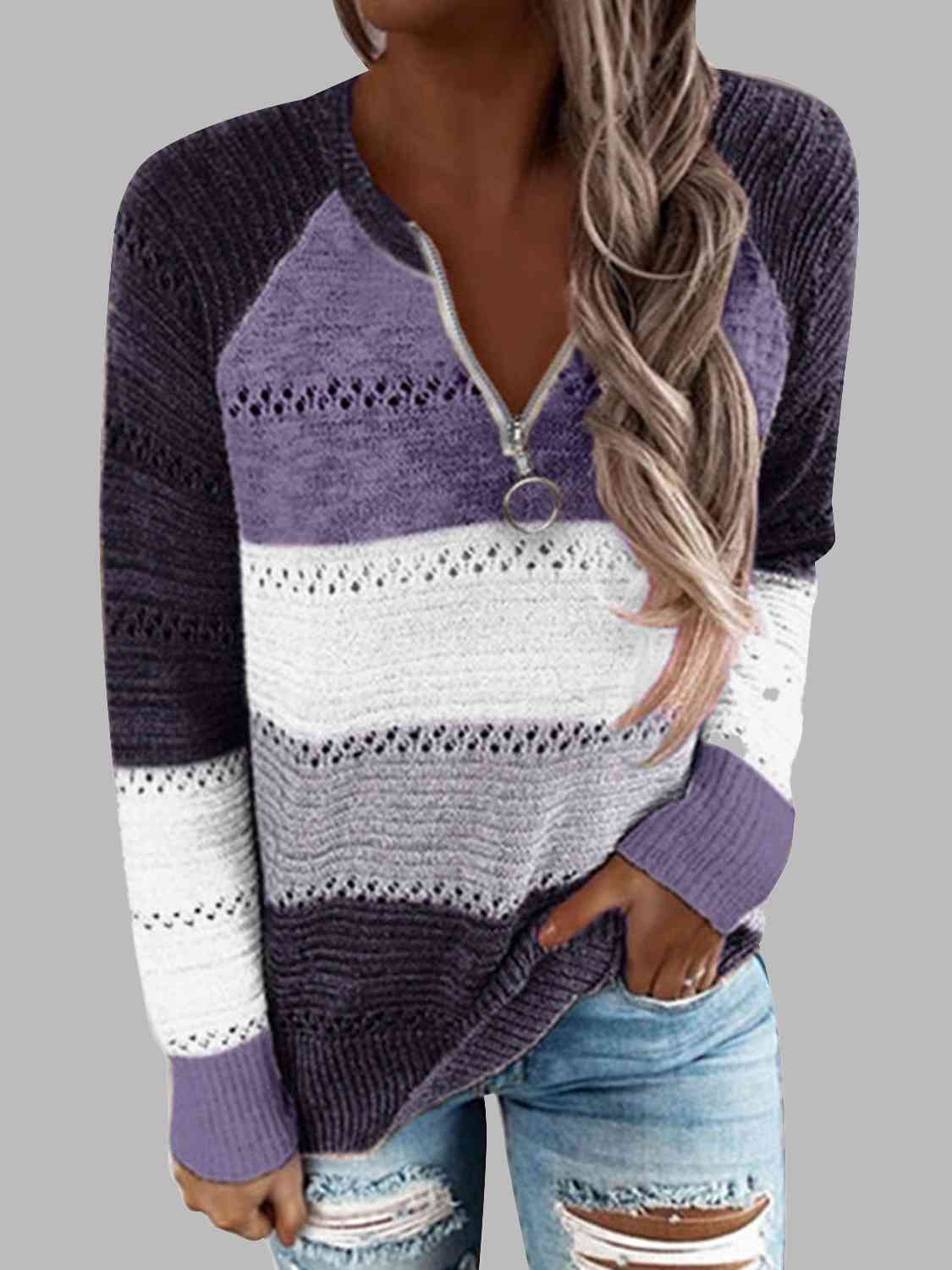 Full Size Color Block Half Zip Sweater - Deals DejaVu