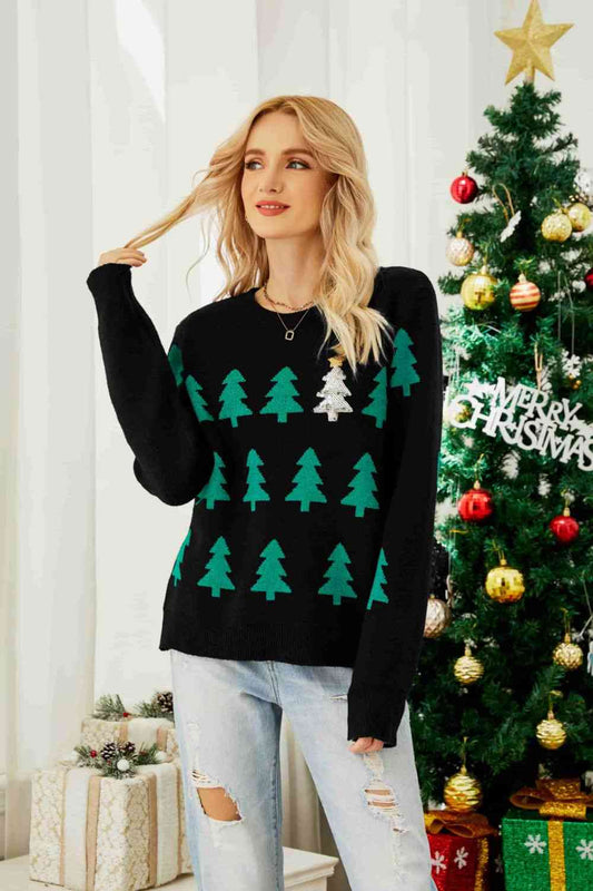 Christmas Tree Round Neck Ribbed Trim Sweater - Deals DejaVu