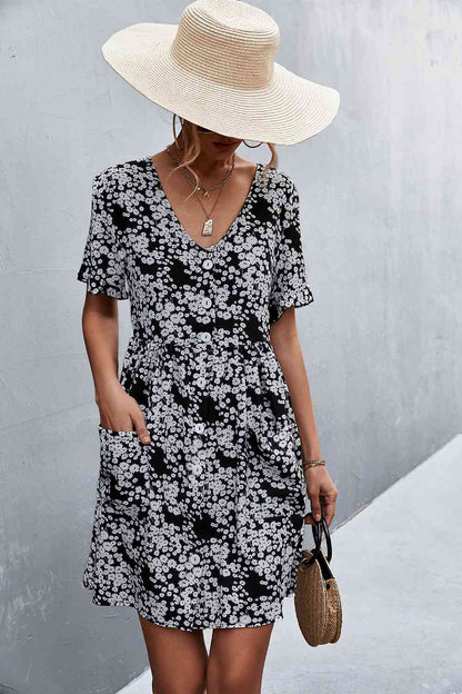 Printed Button down Pocketed Dress (MWBT) T - Deals DejaVu