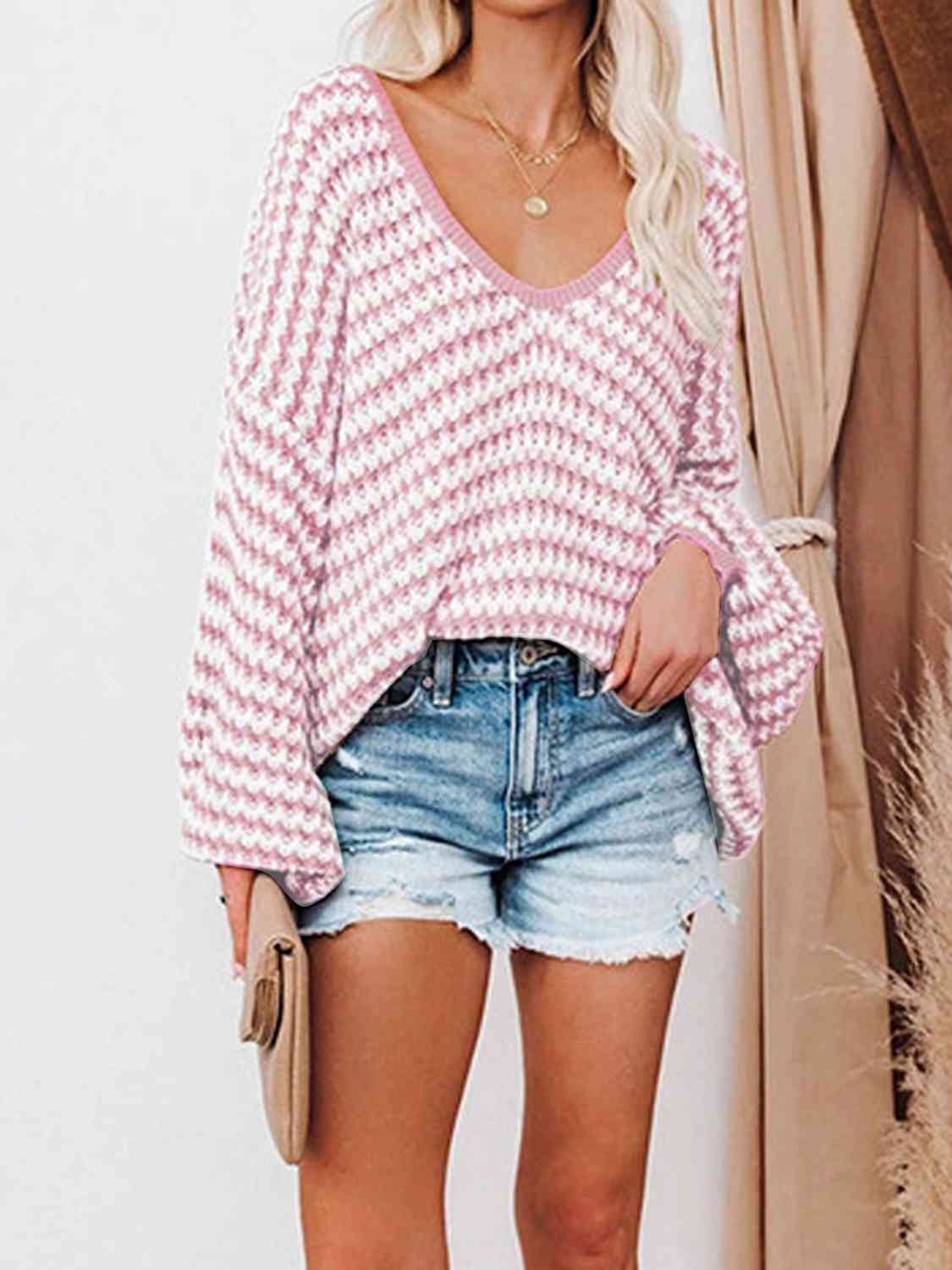 Striped Drop Shoulder V-Neck Sweater - Deals DejaVu