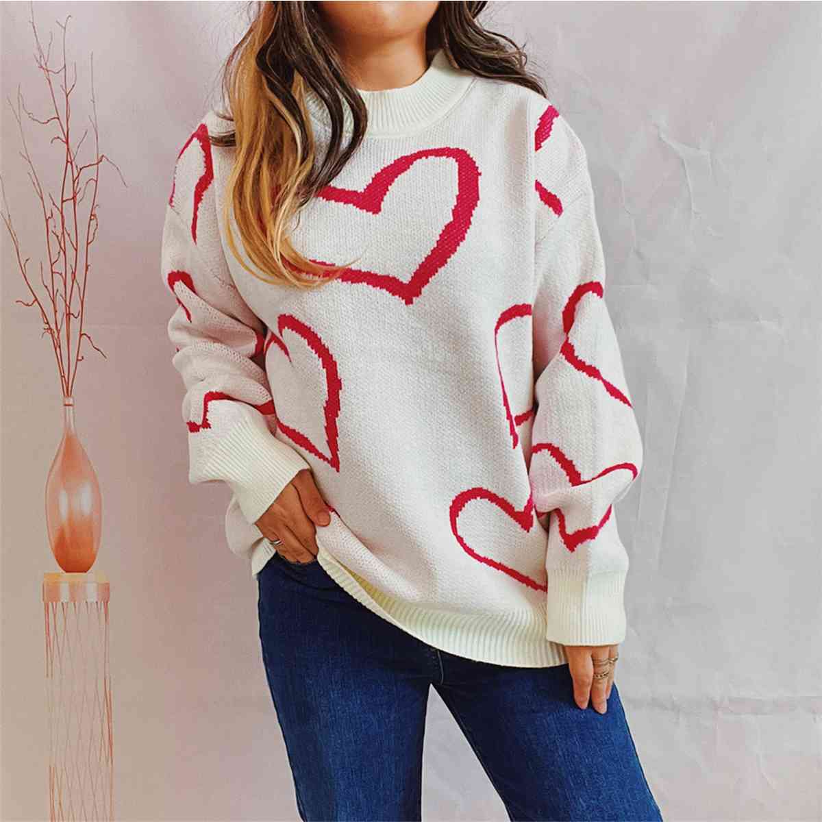 Heart Pattern Long Sleeve Sweater - Deals DejaVu