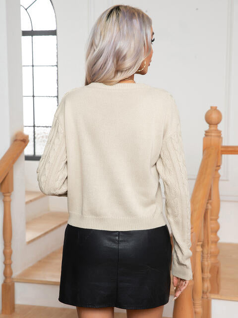 Cable-Knit Round Neck Long Sleeve Sweater - Deals DejaVu