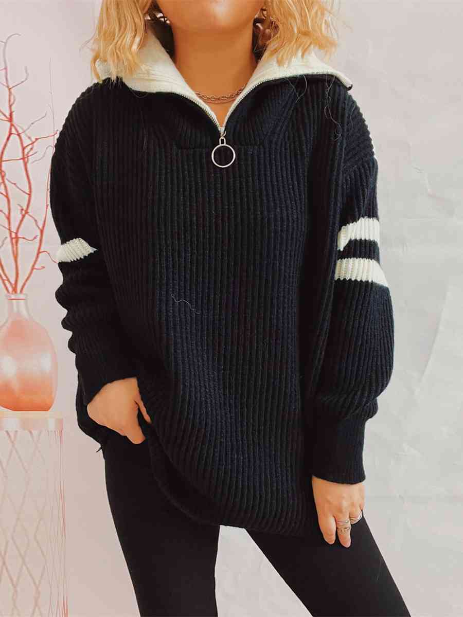 Ribbed Two-Tone Half Zip Sweater - Deals DejaVu