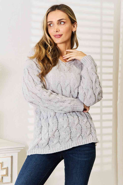 Woven Right Cable-Knit Hooded Sweater - Deals DejaVu