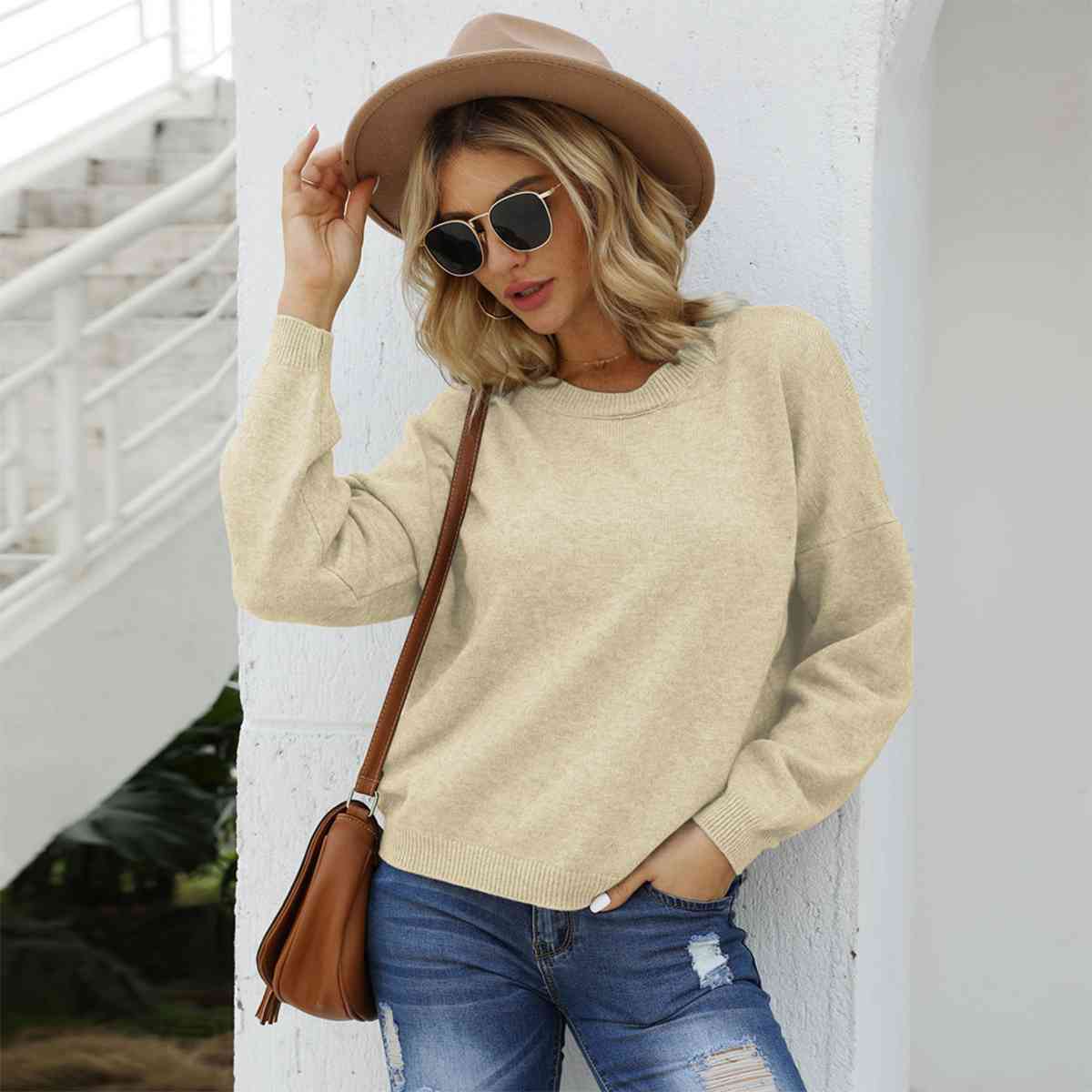 Round Neck Long Sleeve Drop Shoulder Sweater - Deals DejaVu