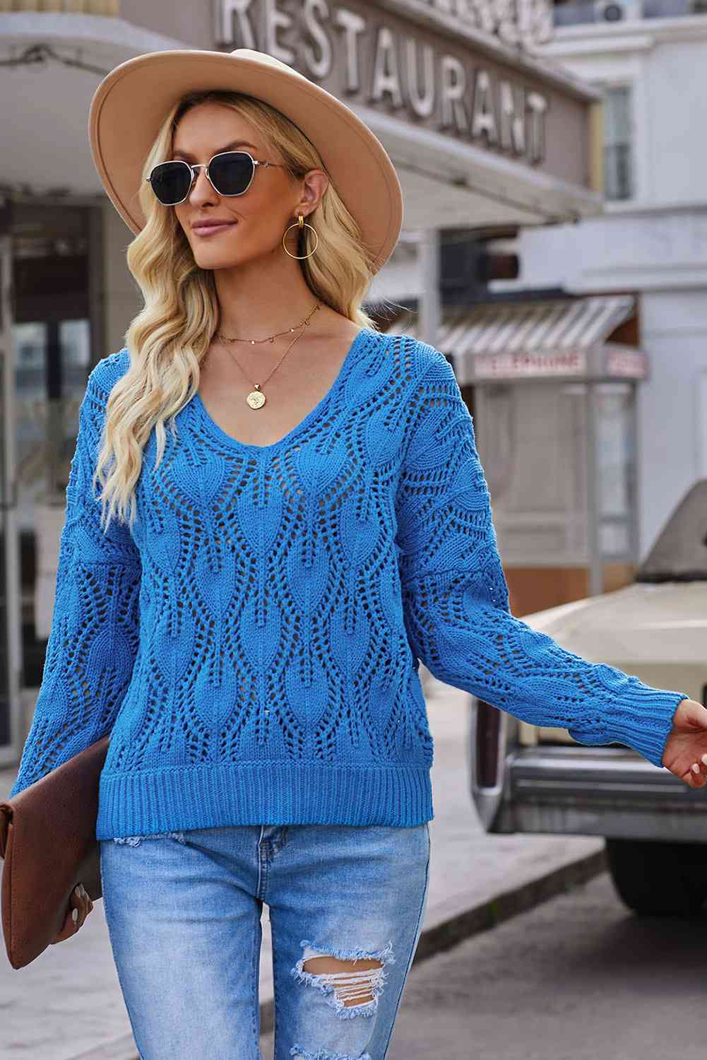 Openwork V-Neck Knit Top - Deals DejaVu