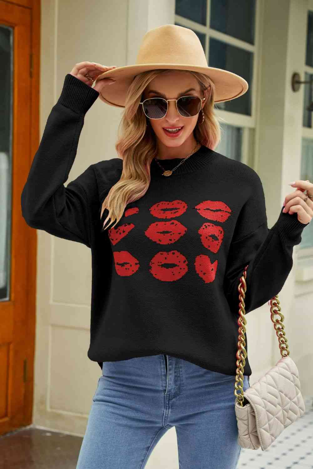 Woven Right Lip Graphic Slit Dropped Shoulder Sweater - Deals DejaVu