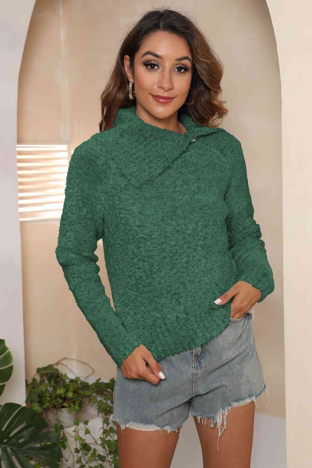 Asymmetrical Neck Long Sleeve Pullover Sweater - Deals DejaVu