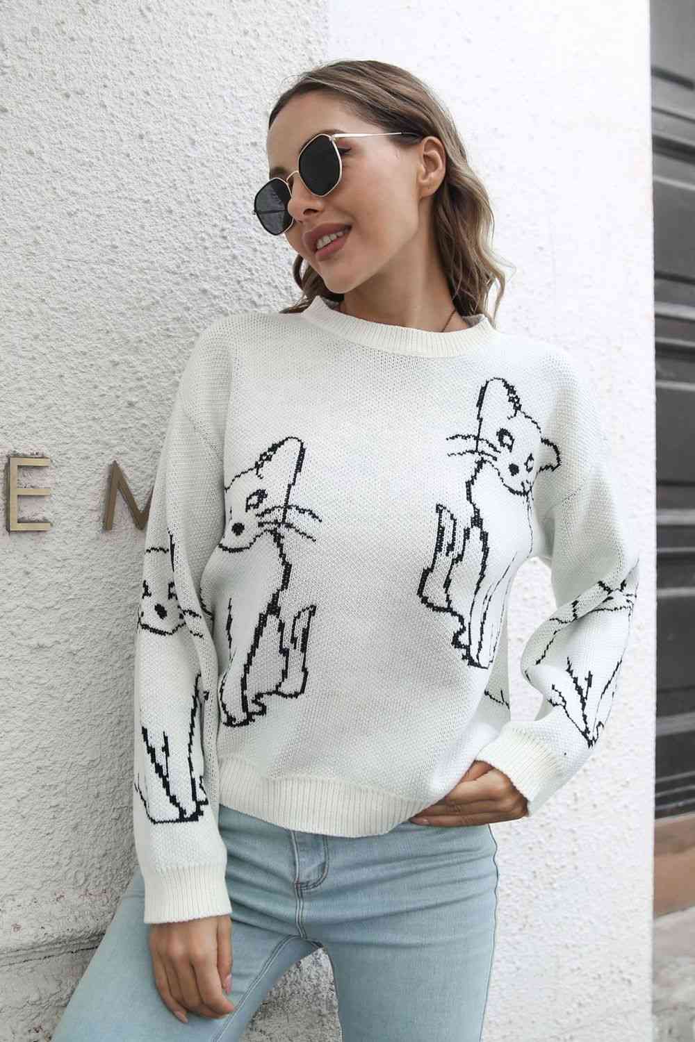 Cat Pattern Round Neck Long Sleeve Pullover Sweater - Deals DejaVu