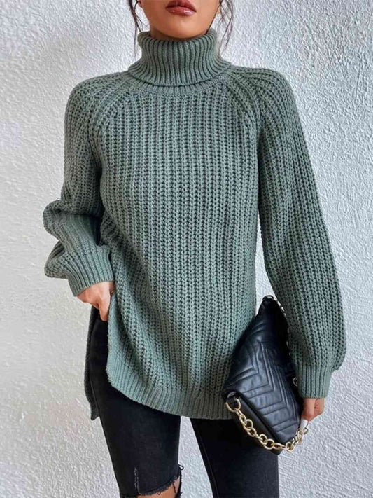 Full Size Turtleneck Rib-Knit Slit Sweater - Deals DejaVu