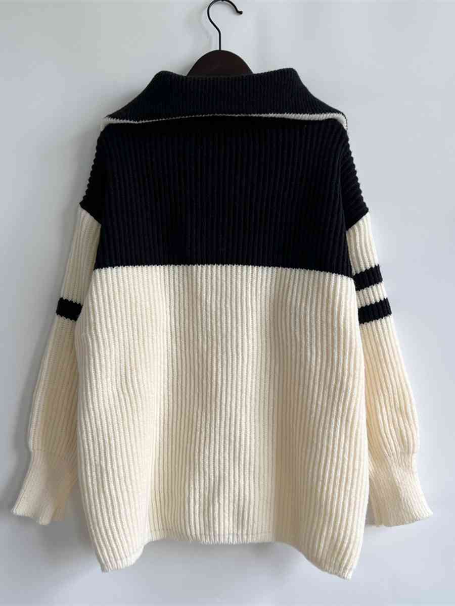 Ribbed Two-Tone Half Zip Sweater - Deals DejaVu