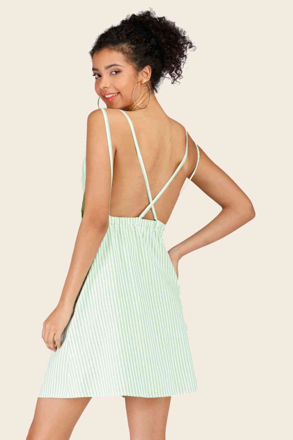 Striped Crisscross Deep V Sleeveless Dress (MWBT) T - Deals DejaVu