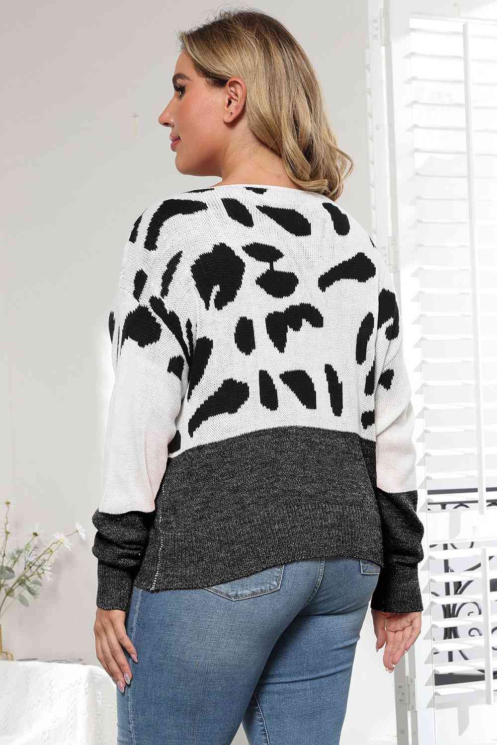 Plus Size Leopard Round Neck Long Sleeve Sweater - Deals DejaVu