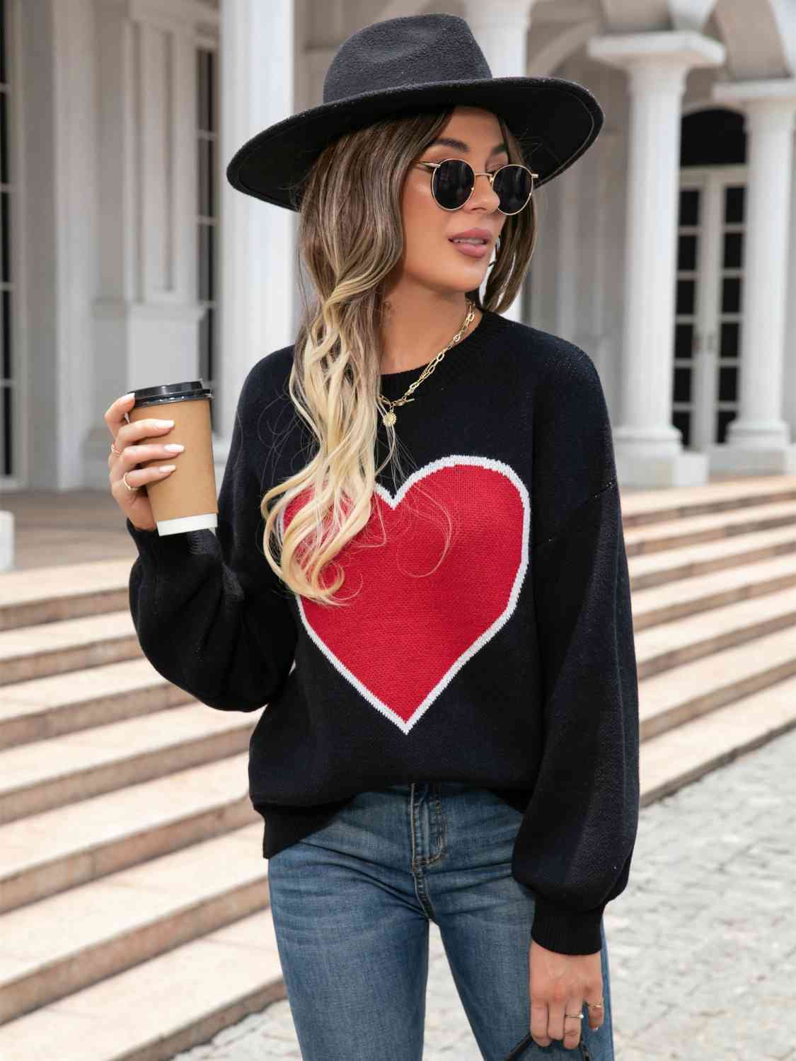 Heart Graphic Round Neck Sweater - Deals DejaVu