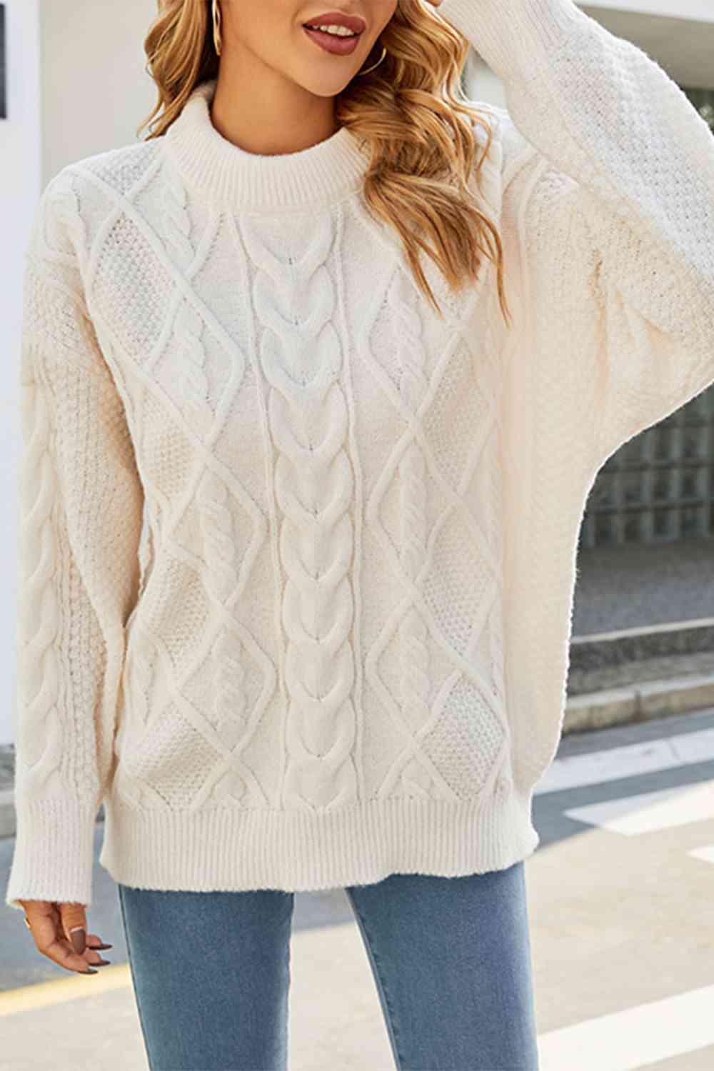 Cable-Knit Round Neck Long Sleeve Sweater - Deals DejaVu